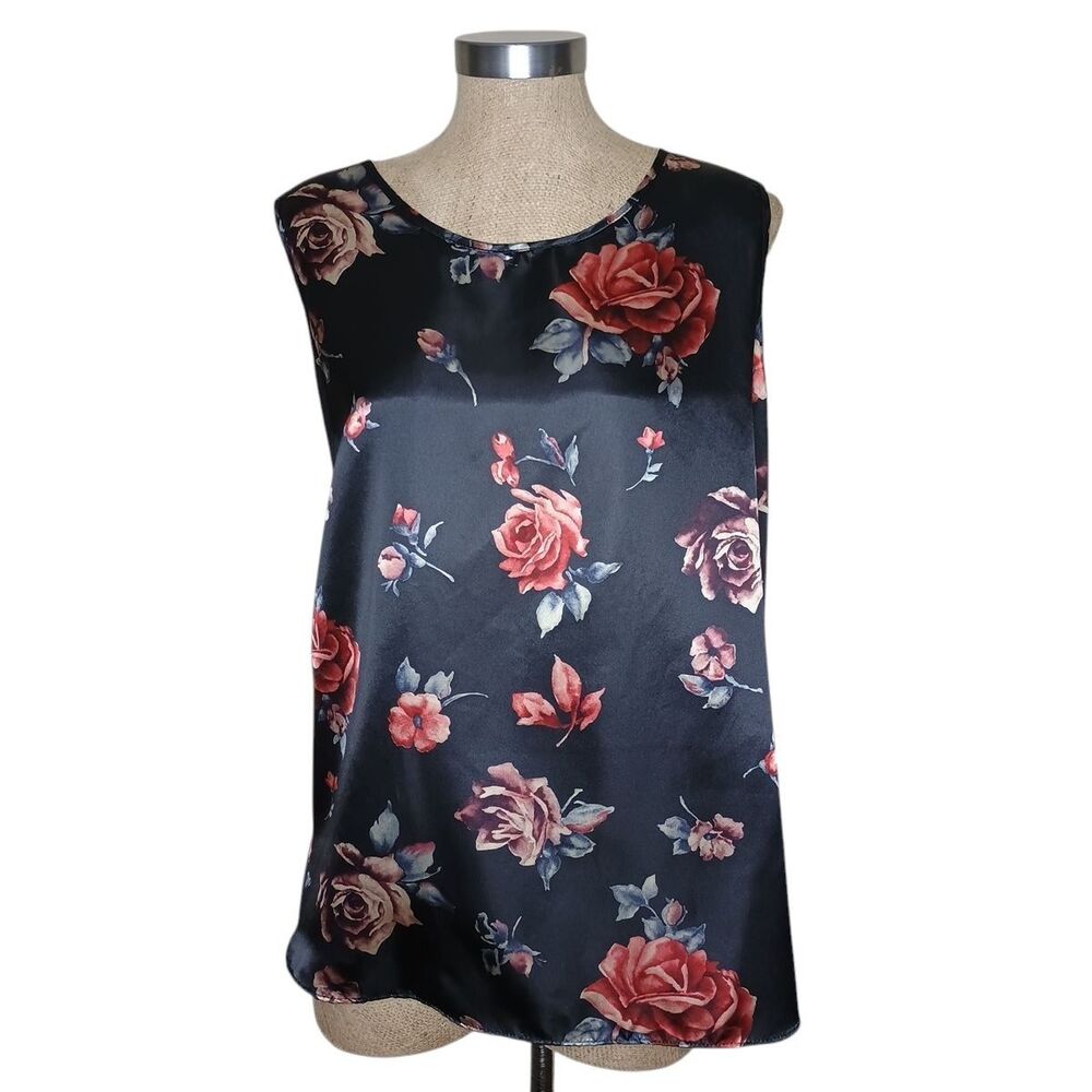 Vintage Maggie Sweet Blouse Womens Plus Size 1X Black Floral 80s USA